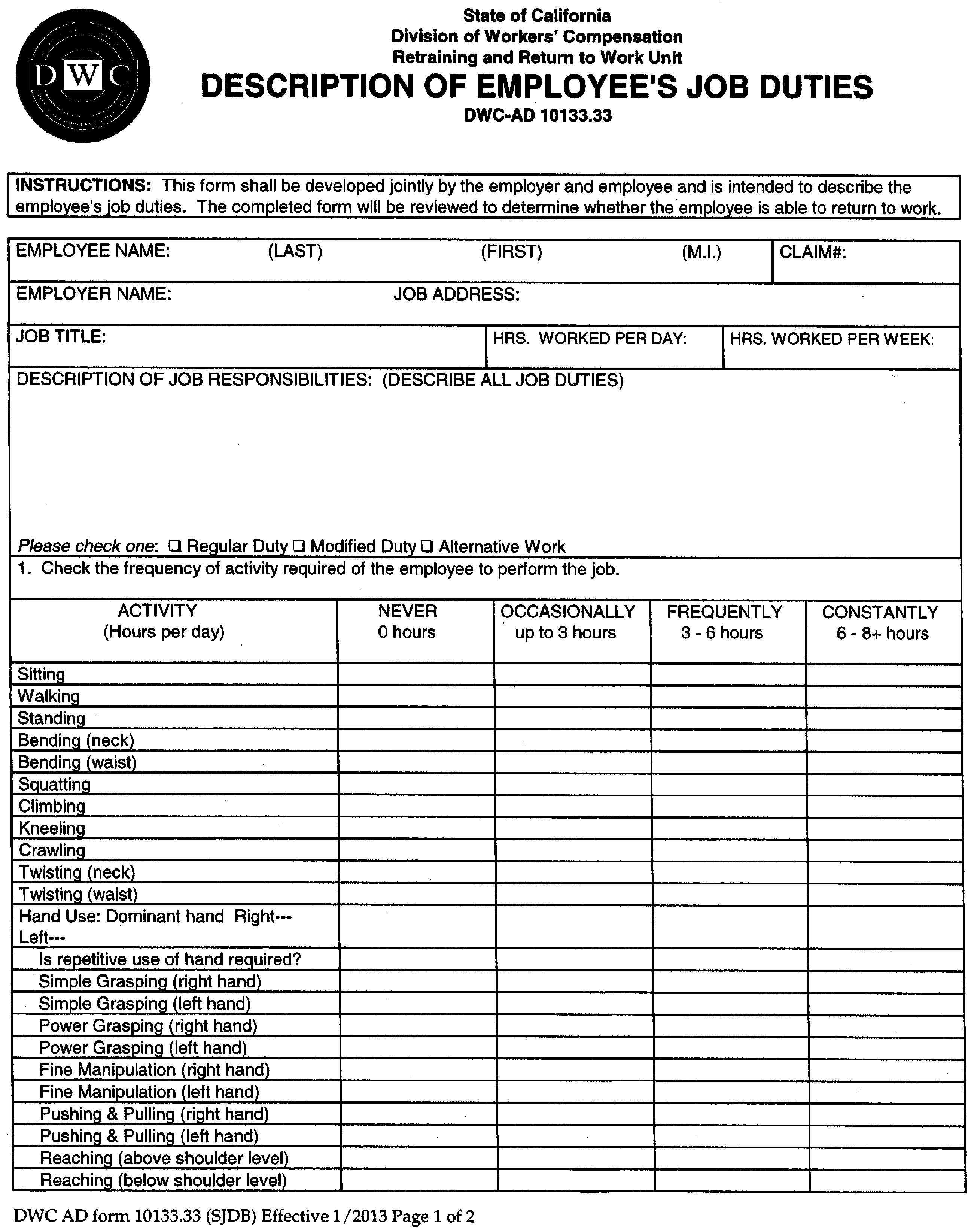 Image 1 within § 10133.33. Form [DWC-AD 10133.33 “Description of Employee's Job Duties Form.”]